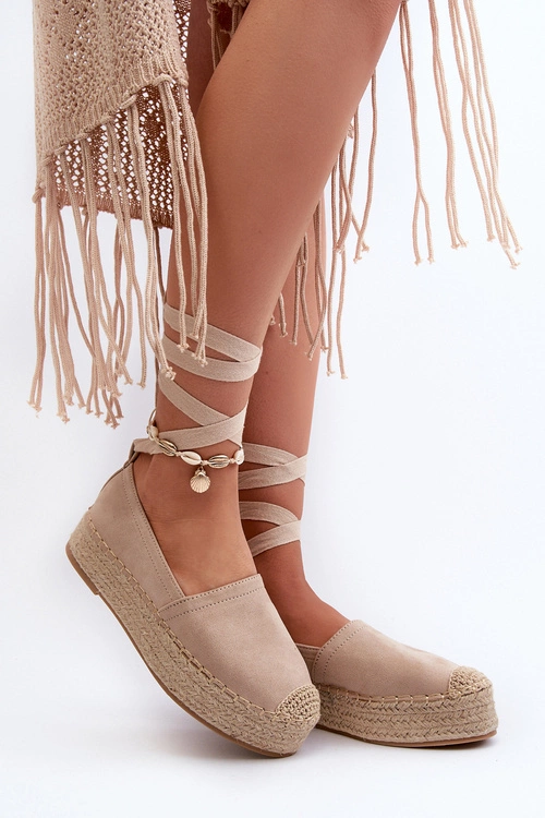 Espadryle Damskie Wiązane Na Platformie Z Plecionką Beżowe Tailesse