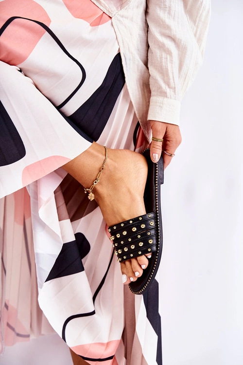 Damskie Skórzane Klapki Z Ozdobą Czarne Brien