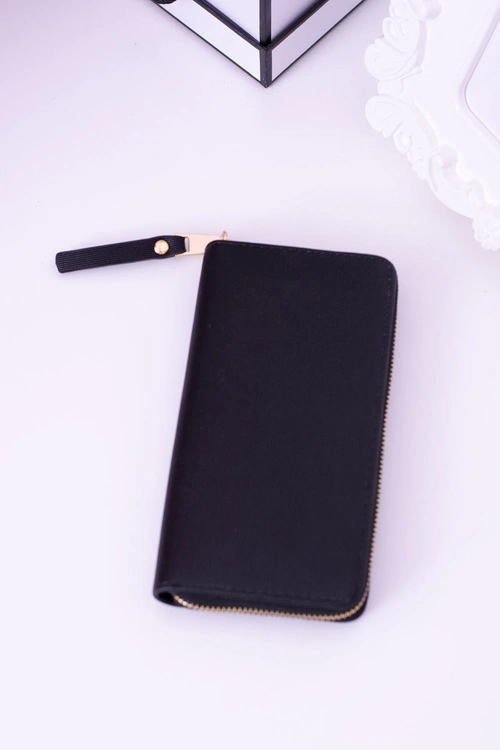 Duży Damski Prążkowany Czarny Portfel Złote Okucia