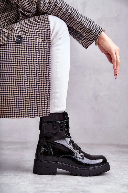 Damskie Botki Lakierowane Sznurowane Na Płaskim Obcasie Czarne Firmina