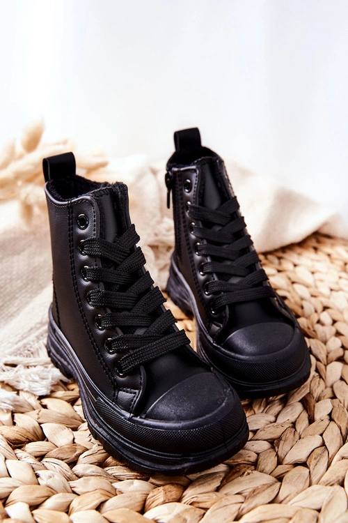 Dziecięce Skórzane Ocieplane Trampki Czarne Bomi