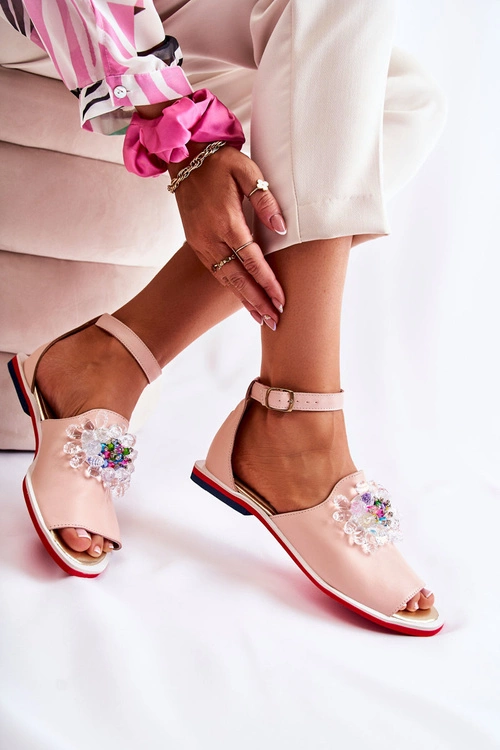 Damskie Skórzane Sandałki Z Ozdobą Jasnoróżowe Nevassa