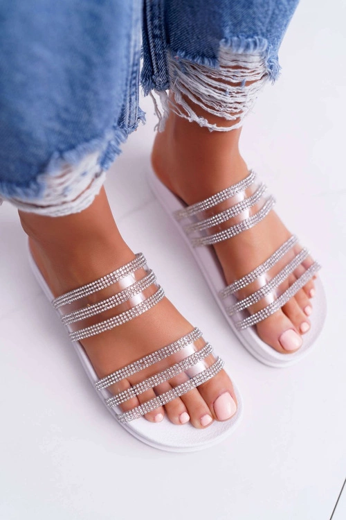 Damskie Klapki Z Cyrkoniami Białe Larena