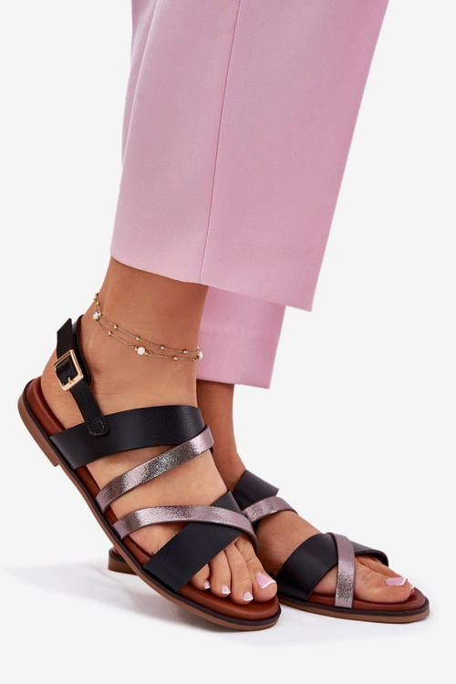 Sandały Damskie Na Płaskim Obcasie Z Paskami Sergio Leone SK086H Czarne