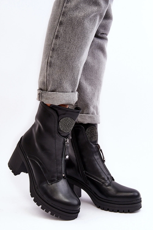 Damskie Skórzane Botki Z Dżetami Czarne Rosie