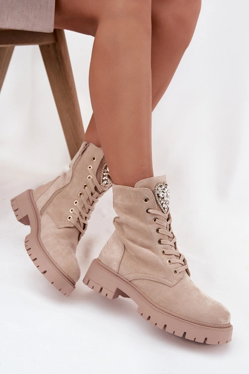 Botki Workery Damskie Z Kryształkami Na Języku Jasnobeżowe Rosira