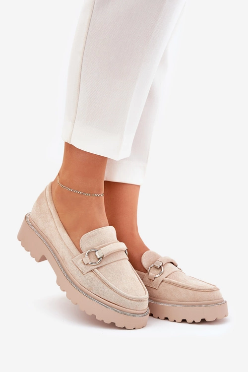 Mokasyny Damskie Zdobione Cyrkoniami Beżowe Patina