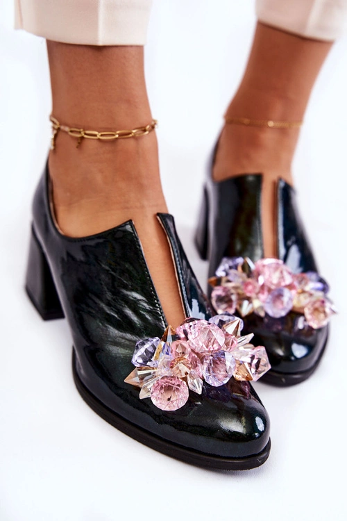 Lakierowane Półbuty Mozaika Z Transparentną Ozdobą Zielone Delaver