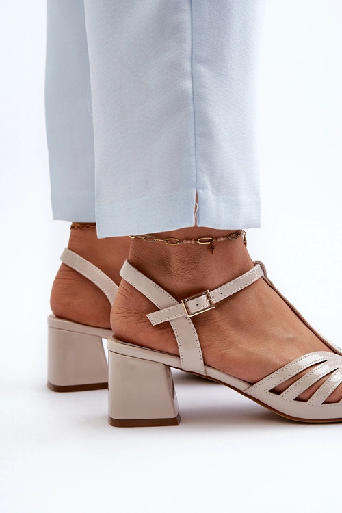 Lakierowane Damskie Sandały Na Obcasie Sergio Leone SK880 Beżowe