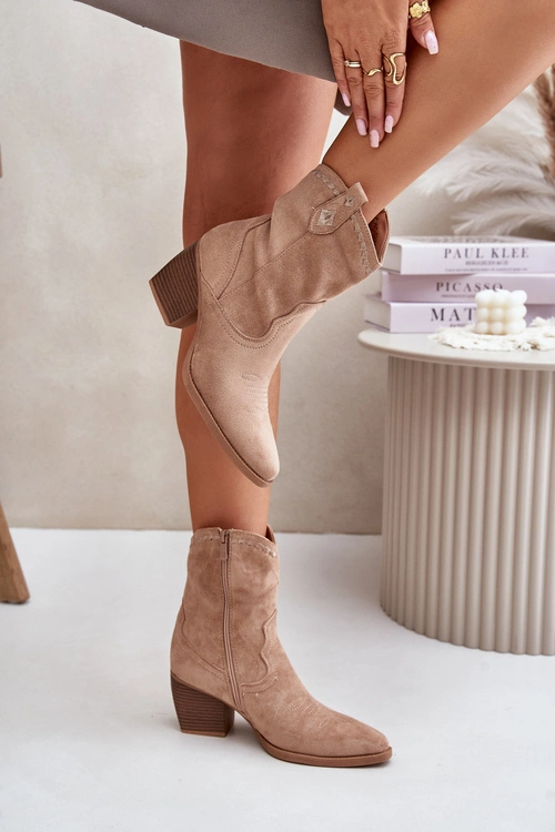 Botki Kowbojki Na Słupku Z Eko Zamszu Beżowe Narinae