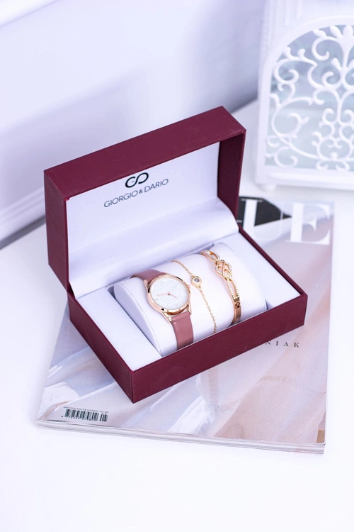 Giorgio Dario Zestaw Damski Zegarek Pudrowy Róż Z Brokatem Dwie Bransoletki