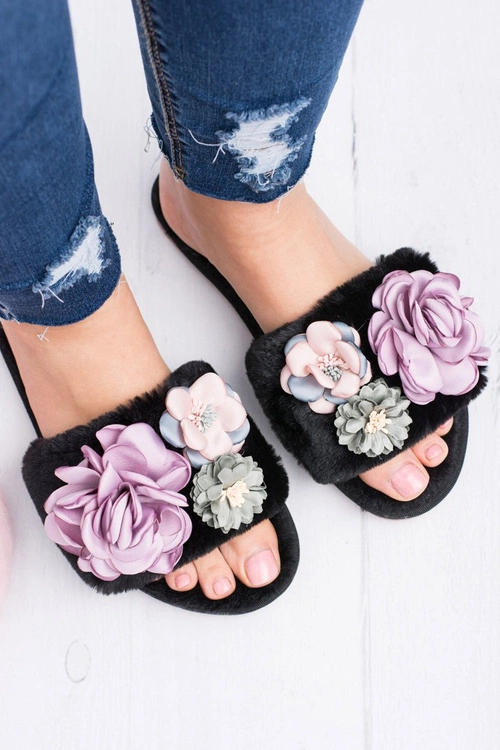 Czarne Klapki Damskie Z Kwiatkami Lu Boo Bouquet