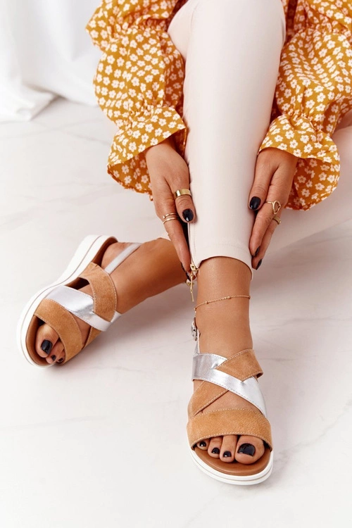 Zamszowe Sandały Sergio Leone SK039 Beżowo-Srebrne