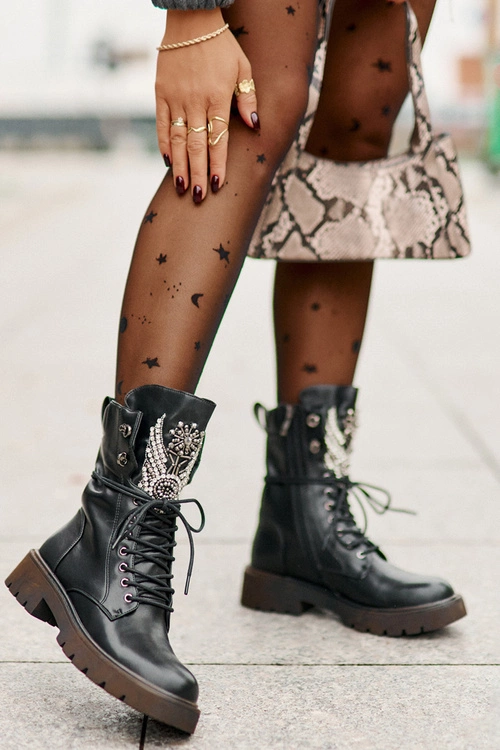 Eko Skórzane Botki Workery Ze Zdobieniem Ocieplane D&A MR880-080 Czarne