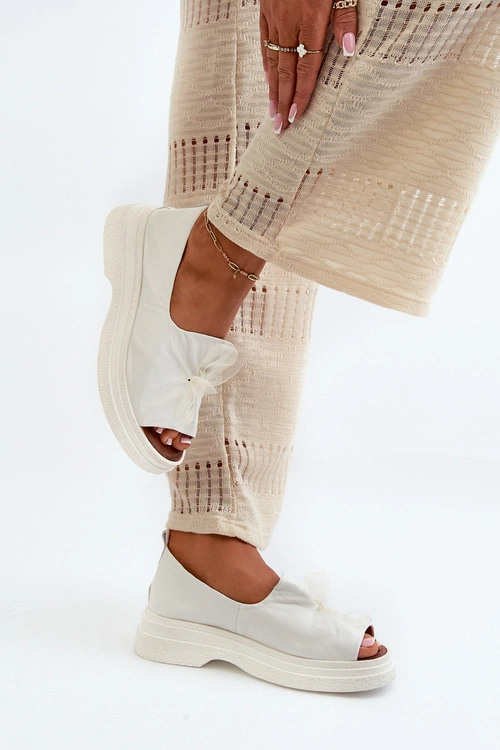 Zazoo 2939 Skórzane Sandały Damskie Z Kokardką Białe