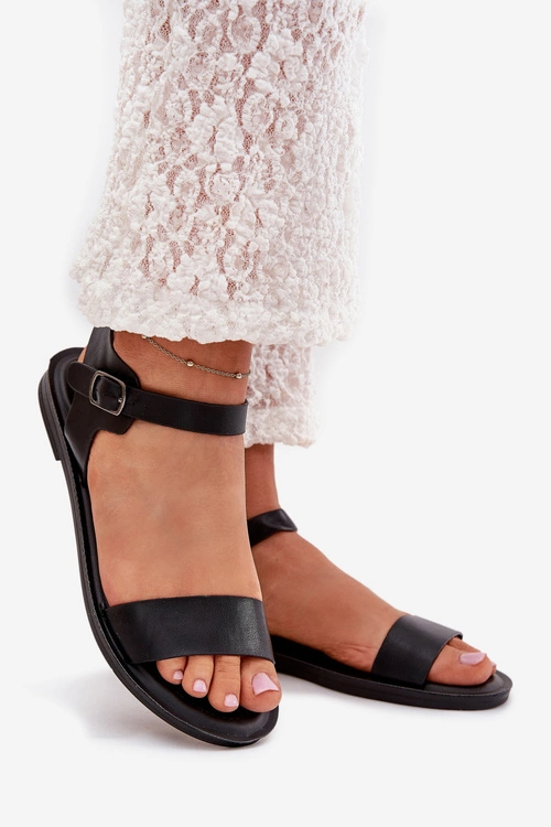 Sandały Damskie Na Płaskim Obcasie Eko Skórzane Czarne Kivara