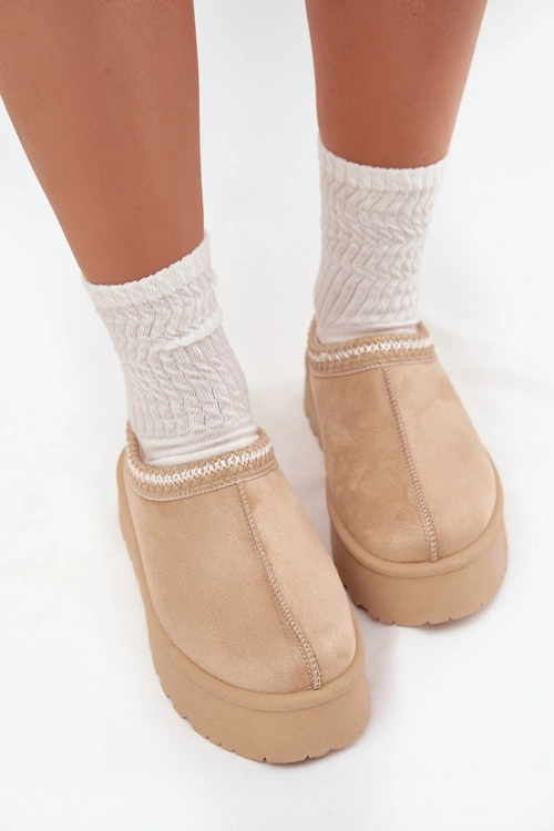 Niskie Śniegowce Damskie Z Haftem Na Platformie Jasnobeżowe Narirya