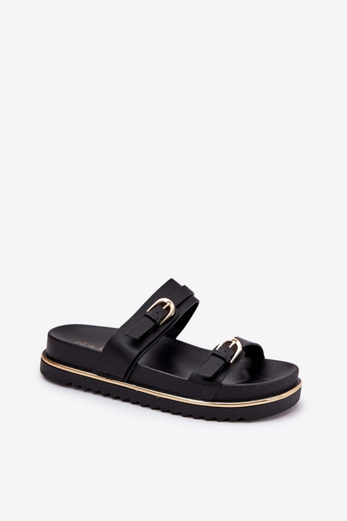 Klapki Damskie Gładkie Na Platformie Z Paskami I Klamrami Czarne Ziferte