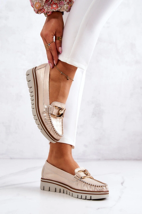 Damskie Skórzane Mokasyny Na Platformie Złote Venesia