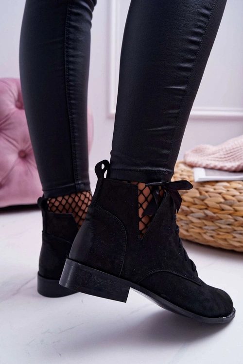 Botki Damskie Płaski Obcas Nubuk Czarne Nicole 2420