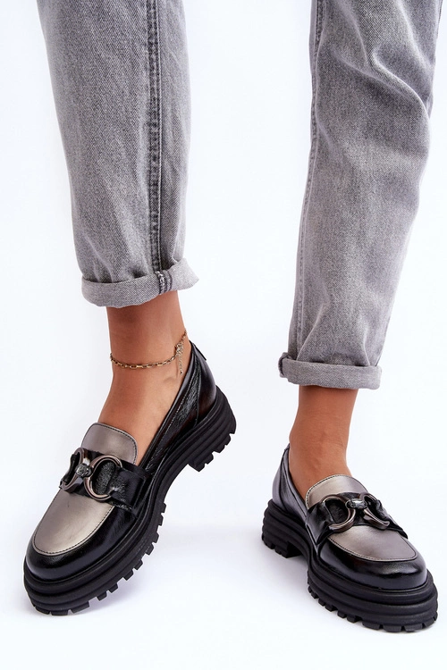 Półbuty Loafersy Damskie Skórzane Na Płaskim Obcasie Czarne Elkiza