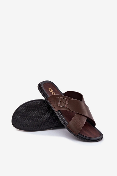 Skórzane Klapki Męskie Z Klamrą Big Star RR174077 Brązowe