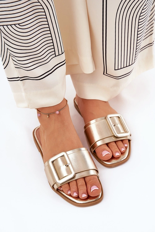 Płaskie Klapki Damskie Eko Skórzane Z Klamrą Złote Bamma