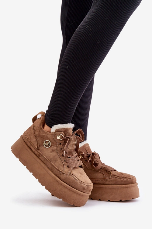 Ocieplane Futerkiem Sneakersy Damskie Na Platformie Brązowe Velarisea
