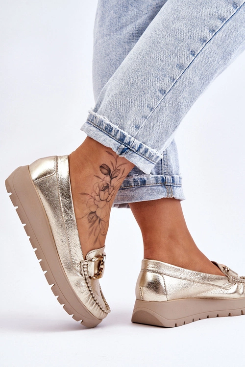 Zazoo 10141 Skórzane Mokasyny Na Platformie Z Ozdobą Złote