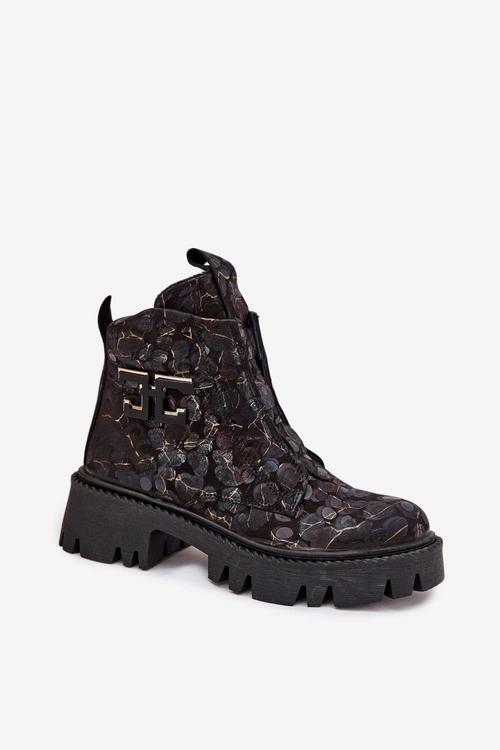 Skórzane Botki Damskie Z Ozdobą Ocieplane Artiker 57C2084 Czarno-Złote