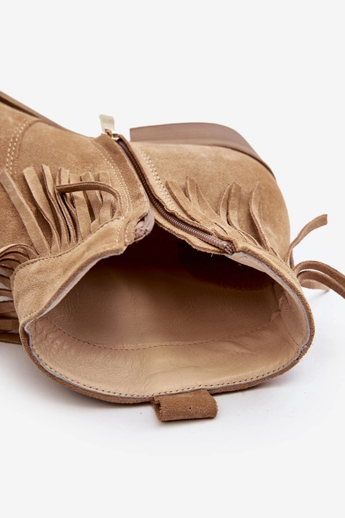 Zazoo 3430 Zamszowe Botki Damskie Z Frędzlami Beżowe