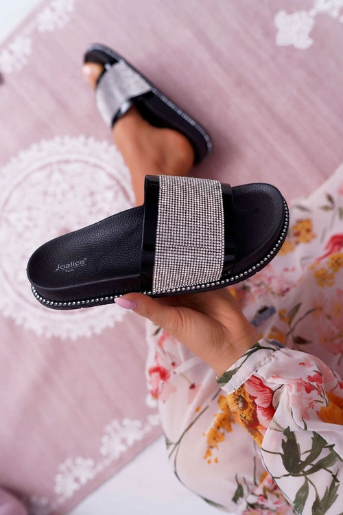 Klapki Damskie Profilowane Z Cyrkoniami Czarne Rentre