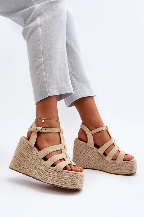 Sandały Na Koturnie Z Plecionką Beżowe Gnosis