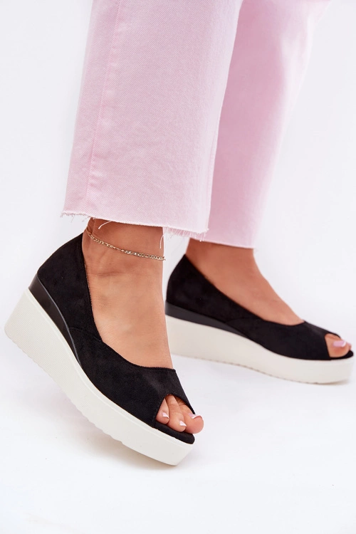 Sandały Damskie Na Koturnie Z Eko Zamszu Czarne Velira