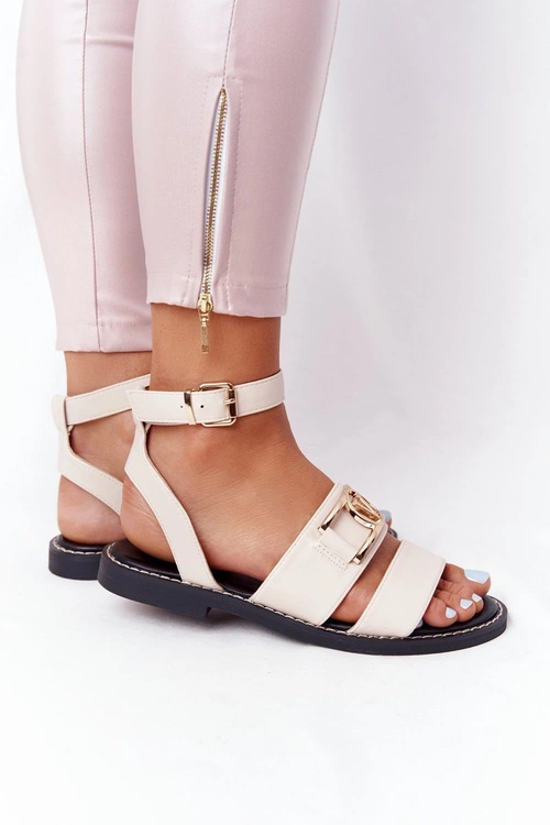 Płaskie Skórzane Sandały Beżowe On Time