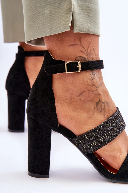 Zamszowe Sandały Z Plecionym Paskiem Na Obcasie Czarne Roselia