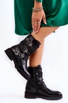 Damskie Ocieplane Botki Z Paskami Wężowe Czarne Lamberta