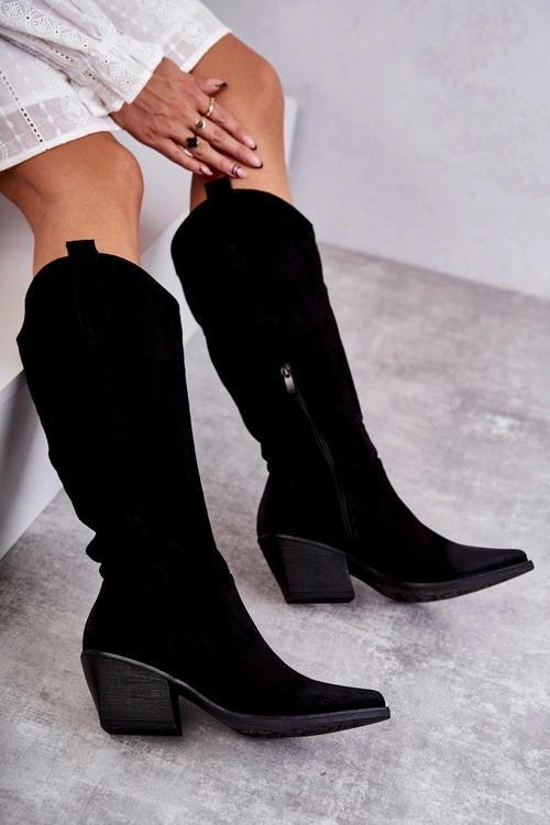 Zamszowe Kozaki Kowbojki Czarne Casey