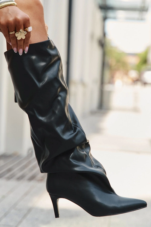 Kozaki Damskie Na Szpilce Wsuwane Z Marszczeniem Czarne Rosivine