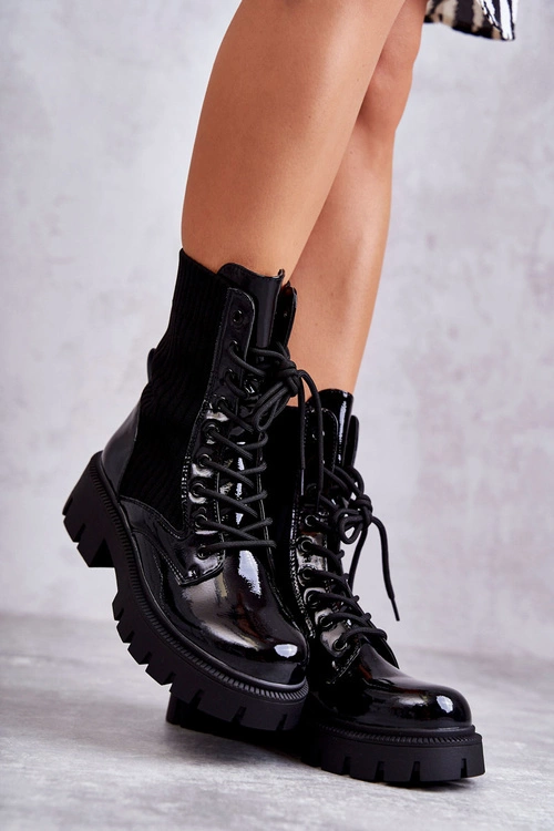 Damskie Lakierowane Workery Botki Ze Skarpetą Czarne Abigail