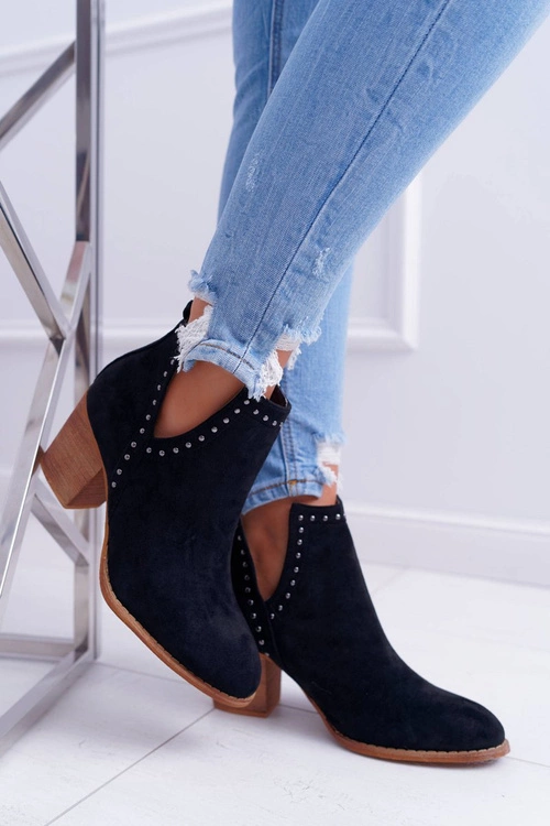 Botki Damskie Na Słupku Wsuwane z Wycięciami Czarne ManiMani