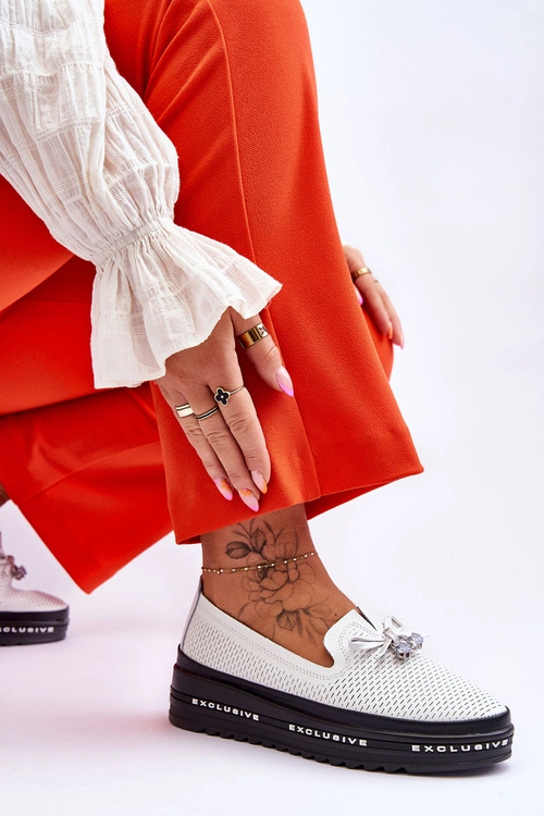 Damskie Wsuwane Skórzane Trampki Białe Raven