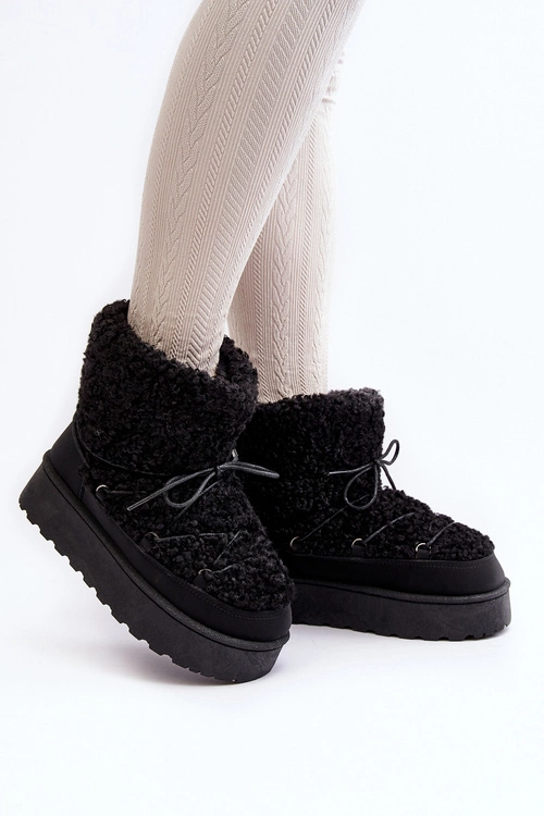 Wiązane Śniegowce Damskie Na Grubej Podeszwie Czarne Loso
