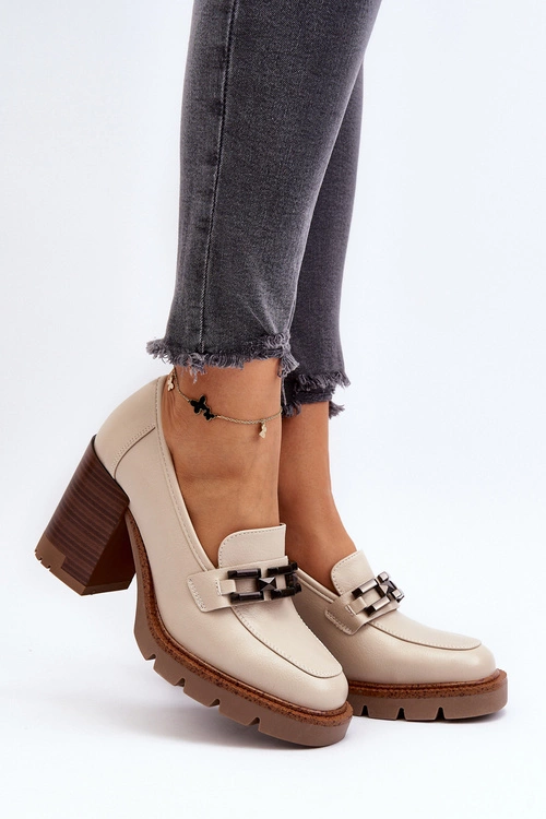 Czółenka Na Masywnym Słupku Z Ozdobą Beżowe Oradna