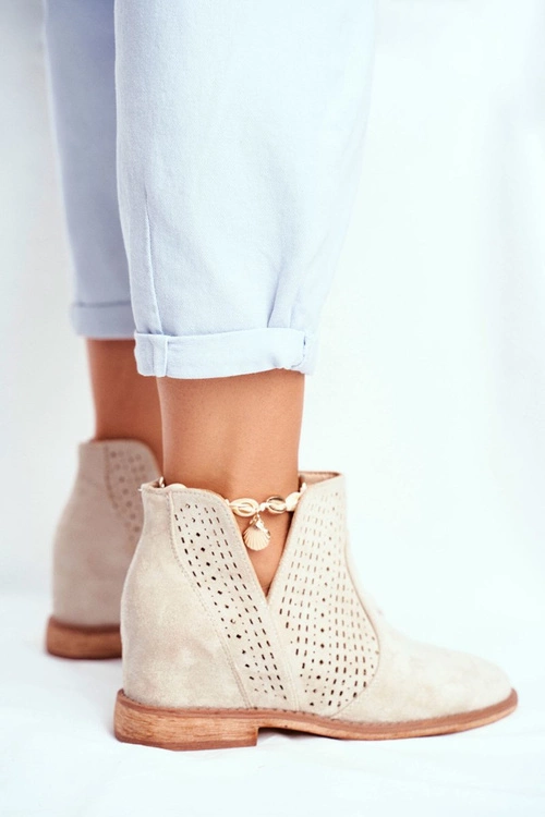 Botki Damskie Płaski Obcas Zamszowe Ażurowe Cappuccino Shades