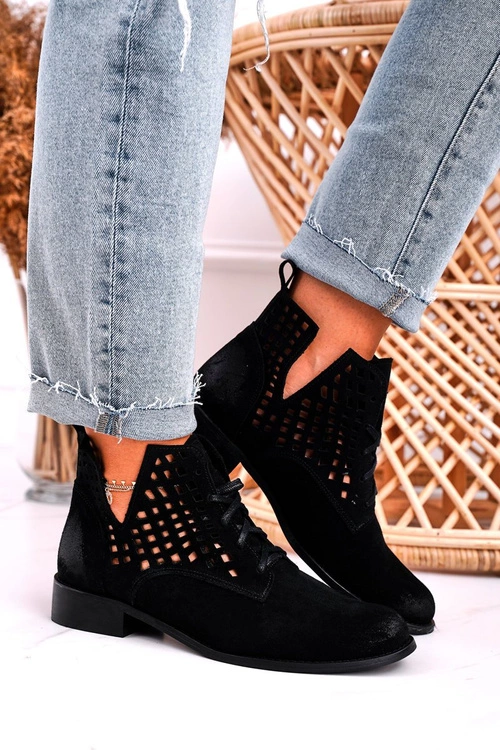 Damskie Ażurowe Botki Zamszowe Czarne Susannah