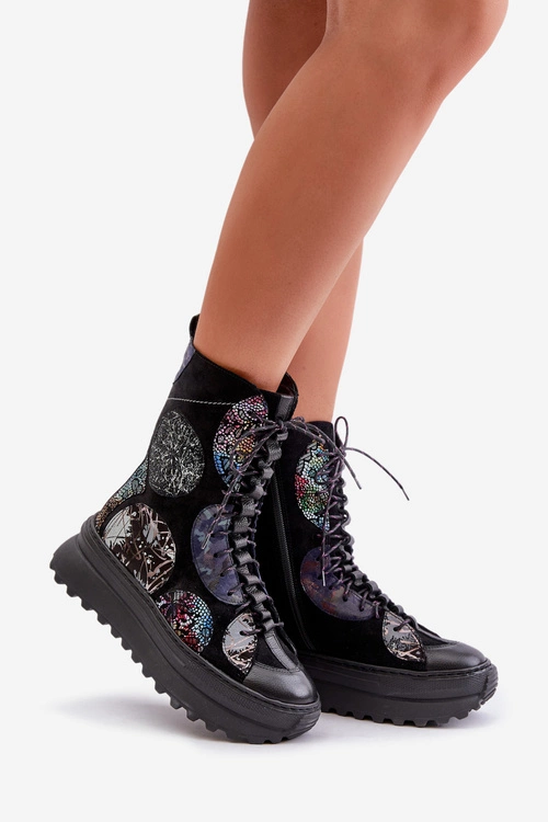 Skórzane Zamszowe Botki Na Platformie Ocieplane Maciejka 06565-01 Czarne