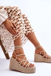 Skórzane Sandałki Na Koturnie Beżowe Margaritt