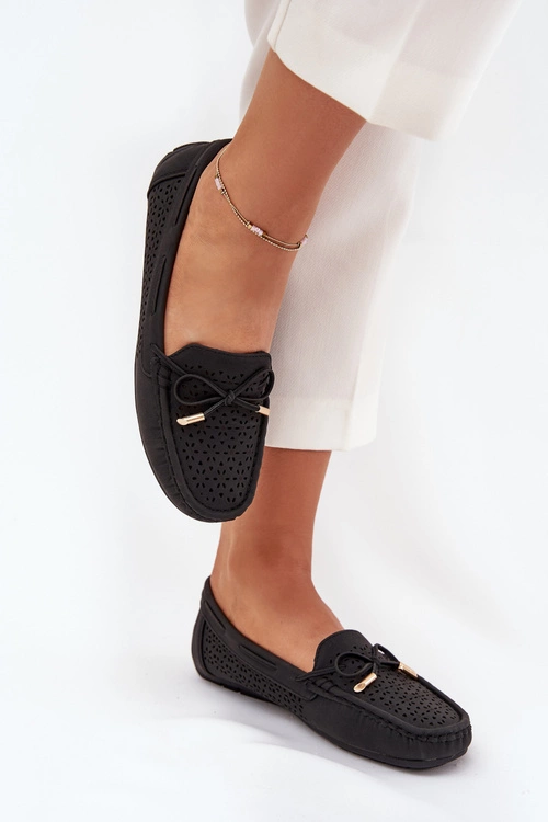 Mokasyny Damskie Z Ażurowym Wzorem I Wiązaniem Czarne Mirisa