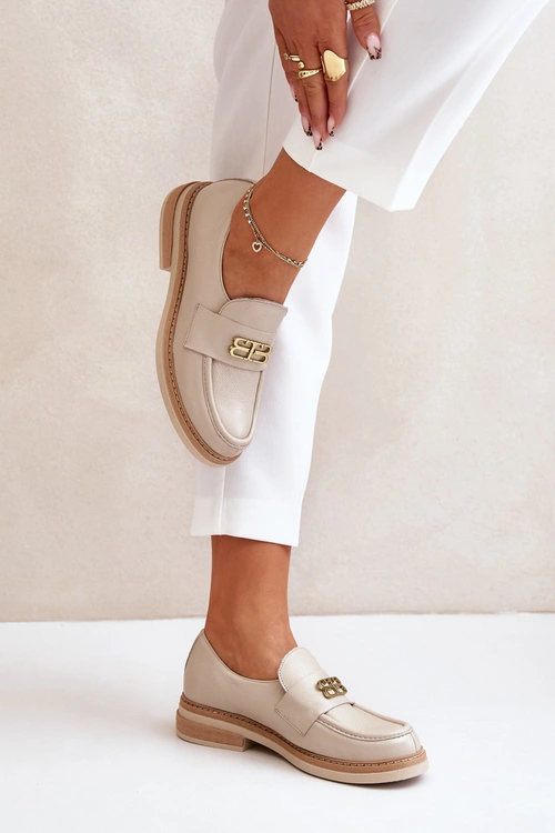 Zazoo 20174 Skórzane Eleganckie Półbuty Damskie Na Płaskim Obcasie Beżowe